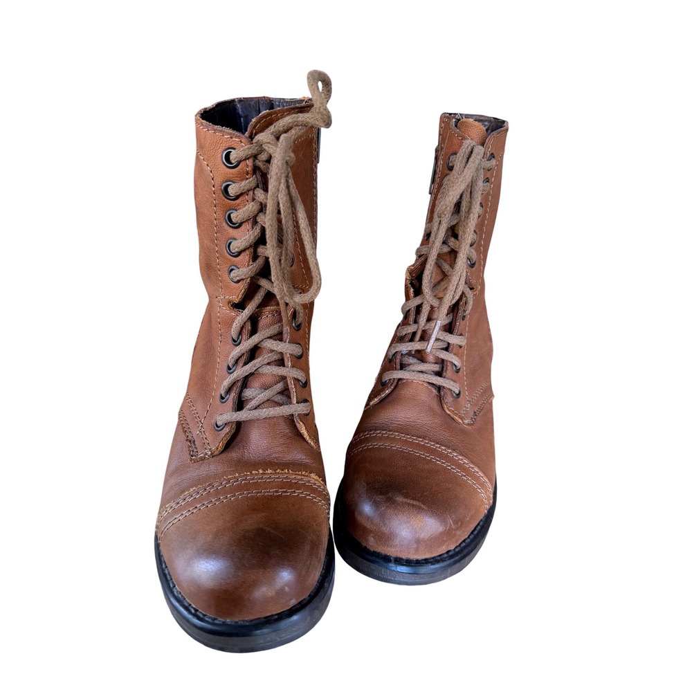 Steve Madden Troopa Cognac Brown Leather Lace Up Side Zip Combat Boots 7.5